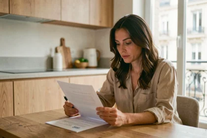Femme lisant un contrat d'assurance emprunteur pour un prêt à la consommation à la maison