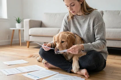 Femme consultant son contrat de mutuelle animaux avec son golden retriever allongé sur ses genoux dans un salon moderne