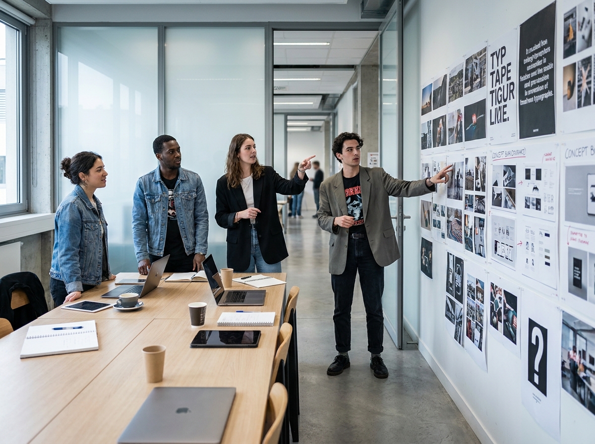 Groupe d'étudiants en école de design français lors d'une session de critique de projets artistiques