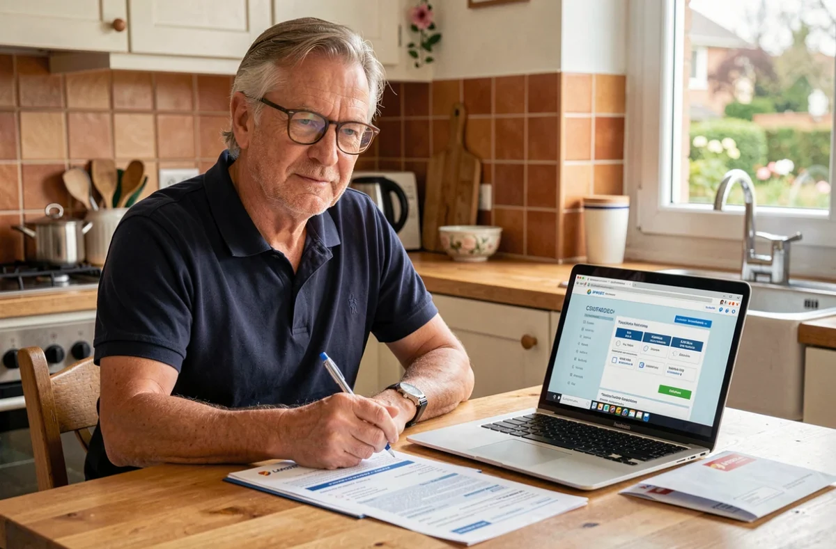 Homme senior comparant les garanties de son assurance voyage La Poste depuis son domicile