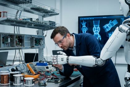 Ingénieur en robotique examinant le bras articulé d'un robot humanoïde dans un laboratoire de haute technologie