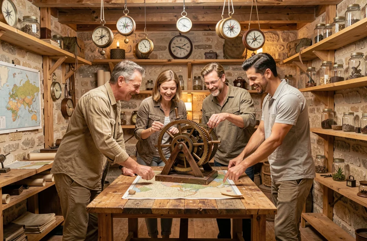 Groupe de joueurs actifs autour d'un mécanisme dans la salle d'Instinct Juvignac, décor aventurier artisanal en bois et pierre