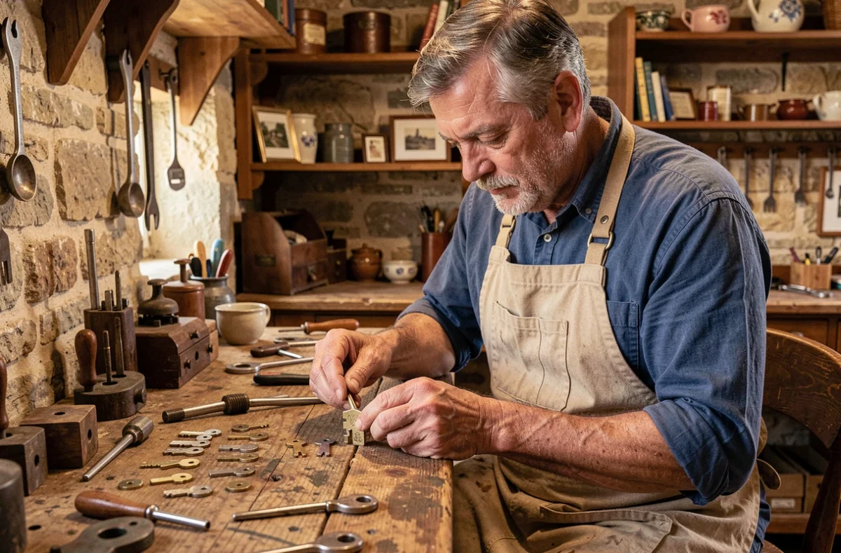 Jean Langois, serrurier et vitrier artisan, en train de reproduire une clé dans son atelier normand traditionnel