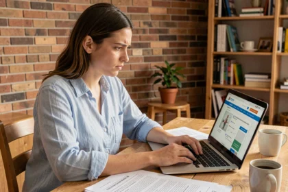 Jeune femme comparant des mutuelles santé pas chères sur son ordinateur portable dans son appartement