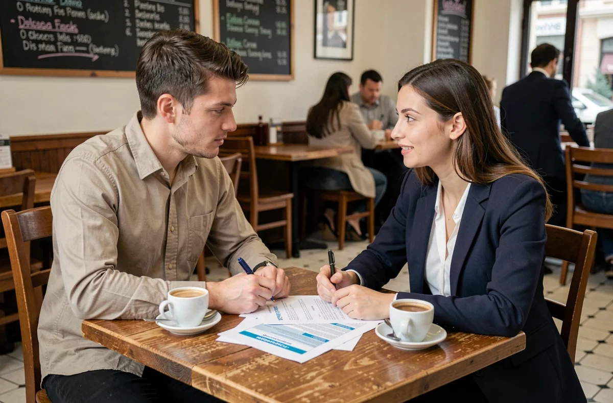 Deux jeunes actifs discutant d'une mutuelle santé économique autour de documents dans un café
