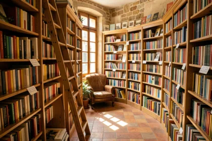 Intérieur d'une librairie indépendante en Occitanie avec des étagères remplies de livres et une ambiance chaleureuse