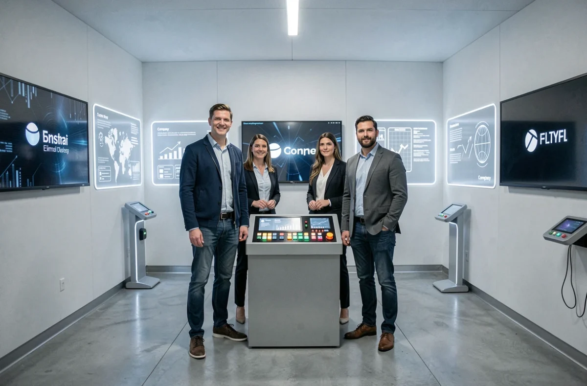 Équipe de joueurs dans la salle futuriste de Live Corp Escape Game Montpellier, décor d'infiltration d'entreprise high-tech