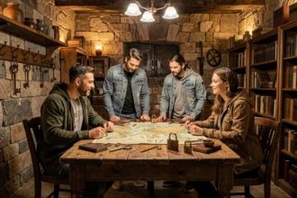 Groupe de joueurs adultes plongés dans un escape game immersif à Montpellier, entourés d'énigmes, de cadenas et de décors mystérieux