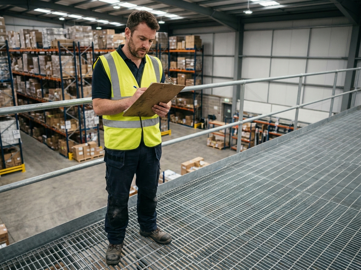 Employé logistique sur une mezzanine de stockage industrielle inspectant l'inventaire dans un entrepôt professionnel