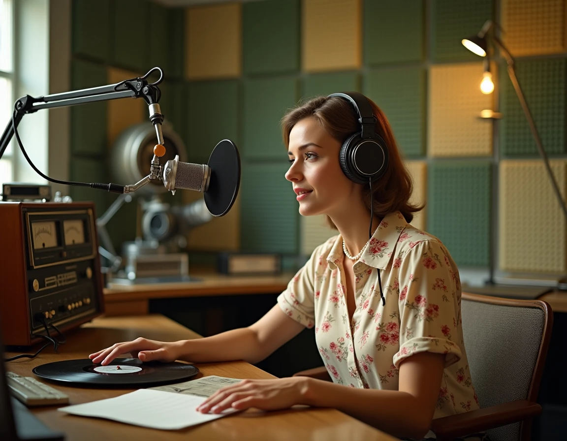 Présentatrice radio française des années 60 dans un studio d'enregistrement vintage avec micro à ruban et disques vinyle