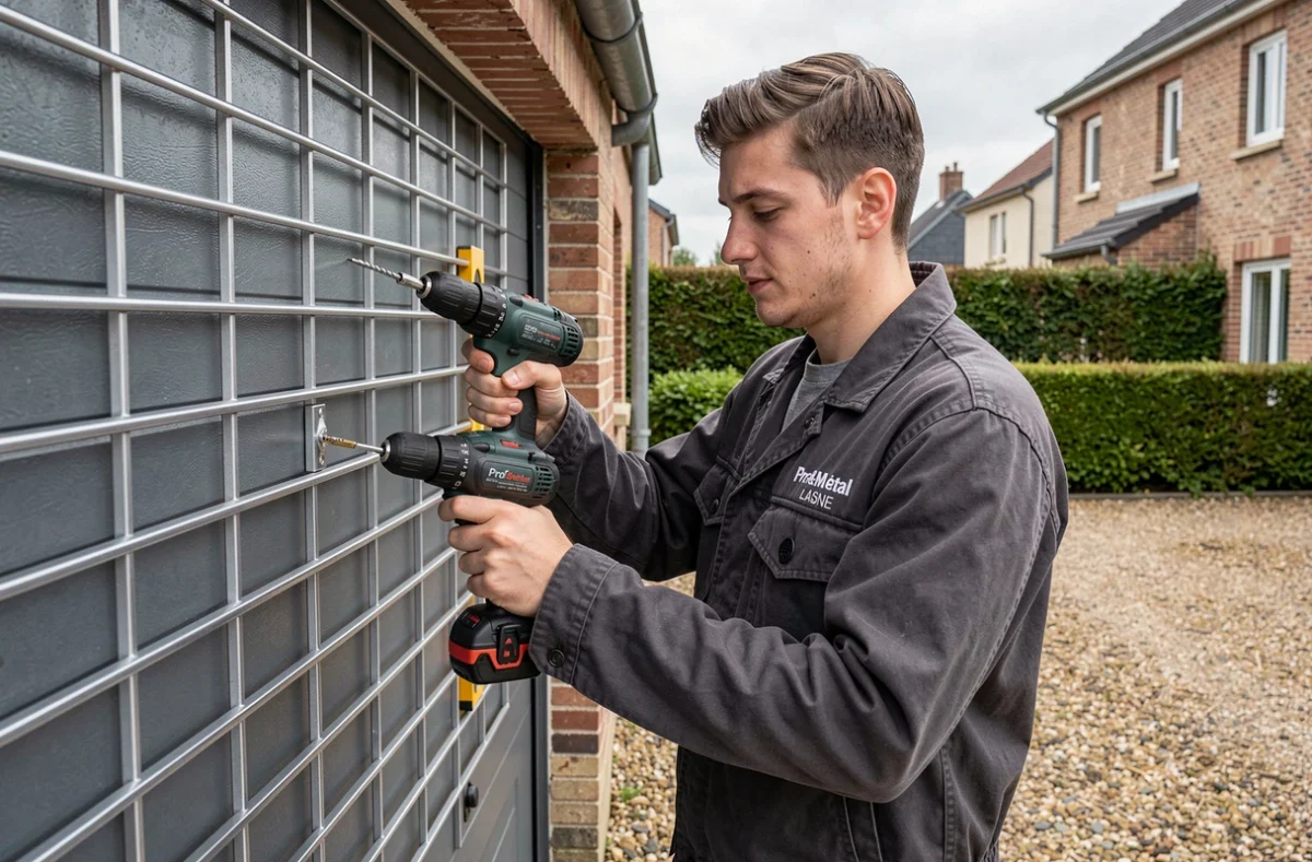 Matteo Lasne de Pro&Metal LASNE installant une grille de sécurité métallique sur un garage résidentiel en Normandie