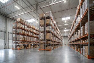 Vue intérieure d'un entrepôt de stockage à Bordeaux avec des racks industriels en acier chargés de palettes et de cartons