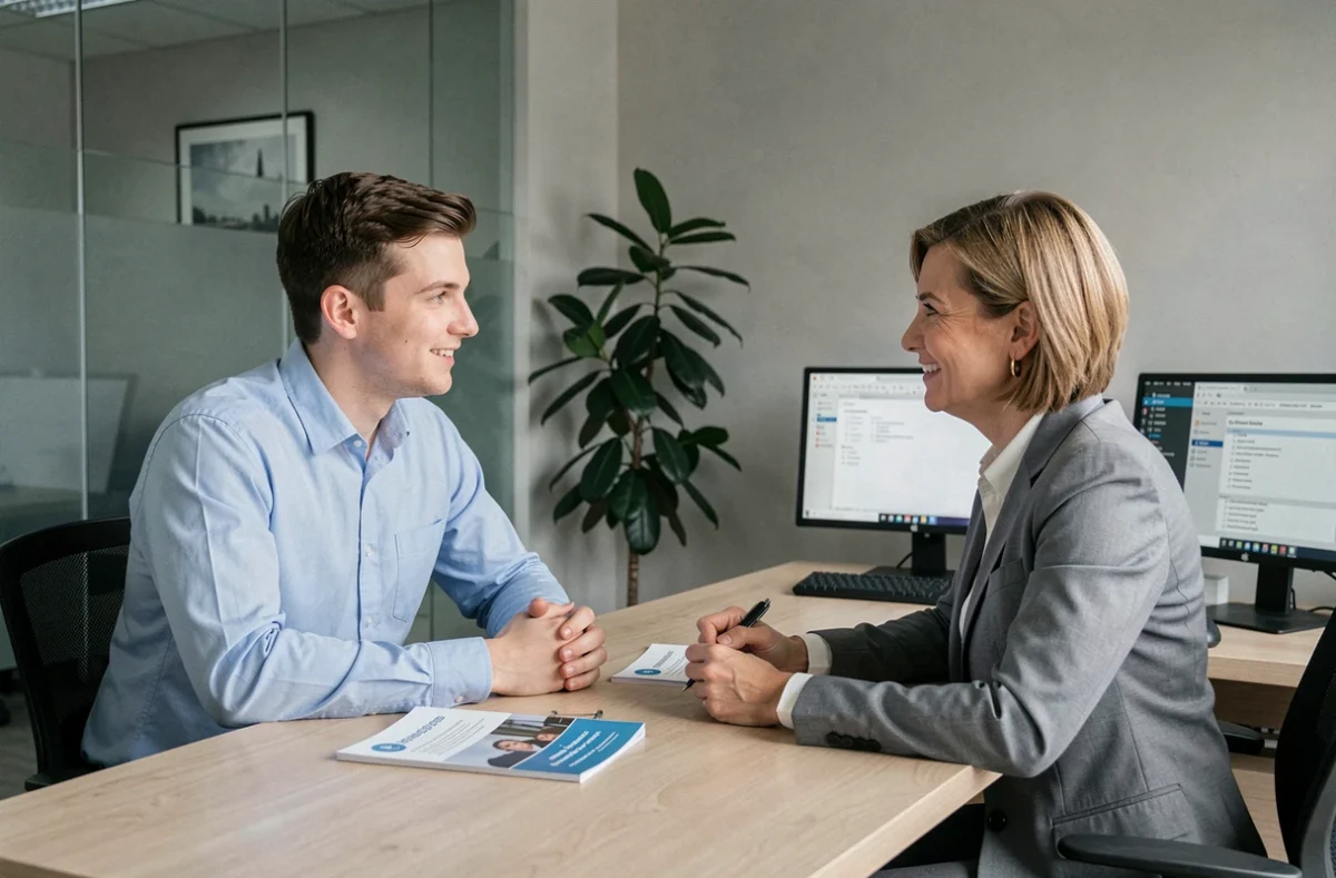 Jeune homme en rendez-vous avec un conseiller mutuelle dans une agence d'assurance