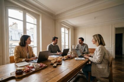 Réunion d'affaires gourmande à Paris avec plateau de charcuterie et baguette sur table en chêne dans une salle aux moulures haussmanniennes