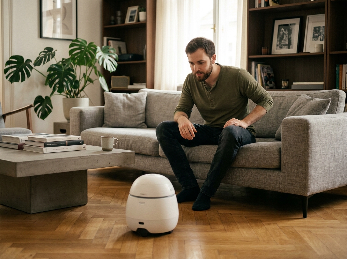 Jeune homme observant un robot domestique autonome dans un salon contemporain au design moderne