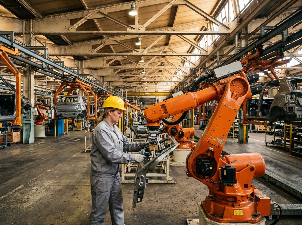 Ouvrière travaillant aux côtés d'un robot industriel orange sur une chaîne de montage automobile moderne