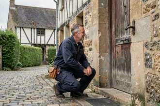 Serrurier professionnel en intervention devant une maison normande typique, illustrant le top 10 des serruriers d'urgence en Normandie