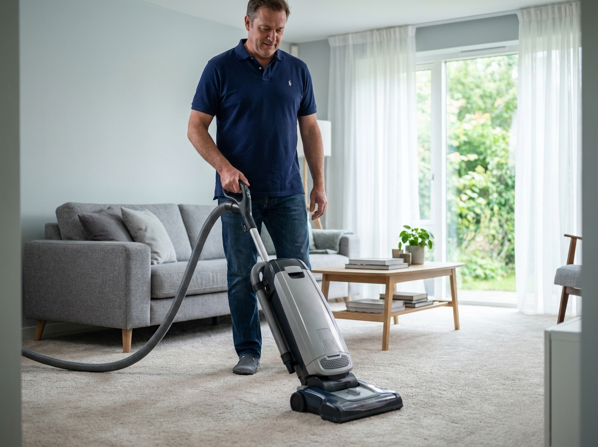Employé de Centre Services passant l'aspirateur dans un salon propre d'une maison à Montmorency