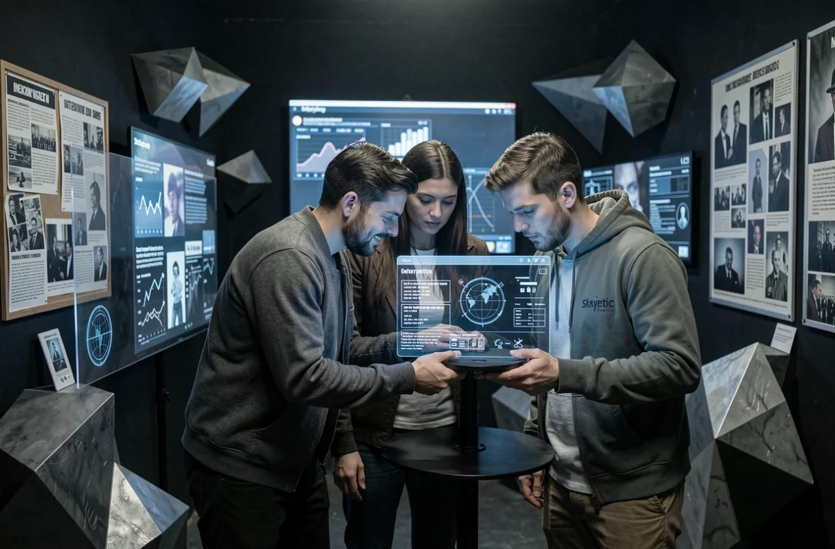 Trois joueurs analysant une interface numérique cryptique dans la salle de Skryptic Montpellier, ambiance enquête noir et immersive