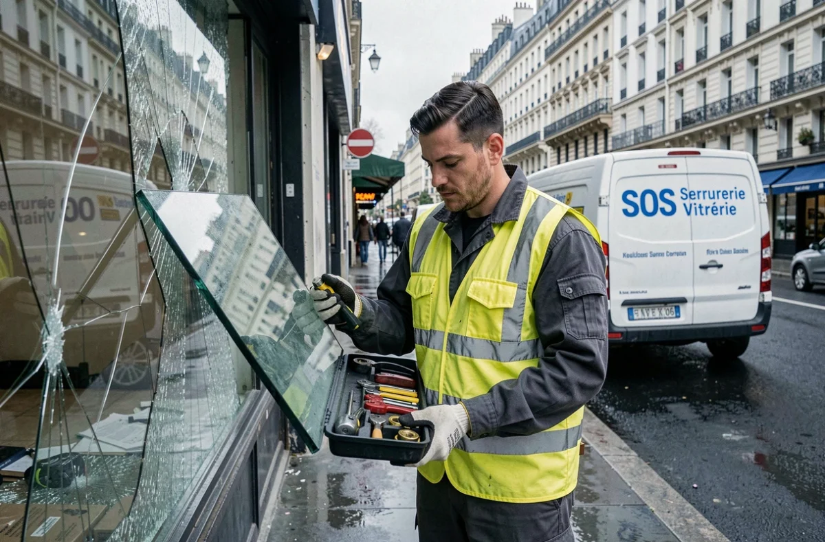 Serrurier-vitrier de SOS Serrurerie Vitrerie intervenant sur une devanture brisée dans une rue française