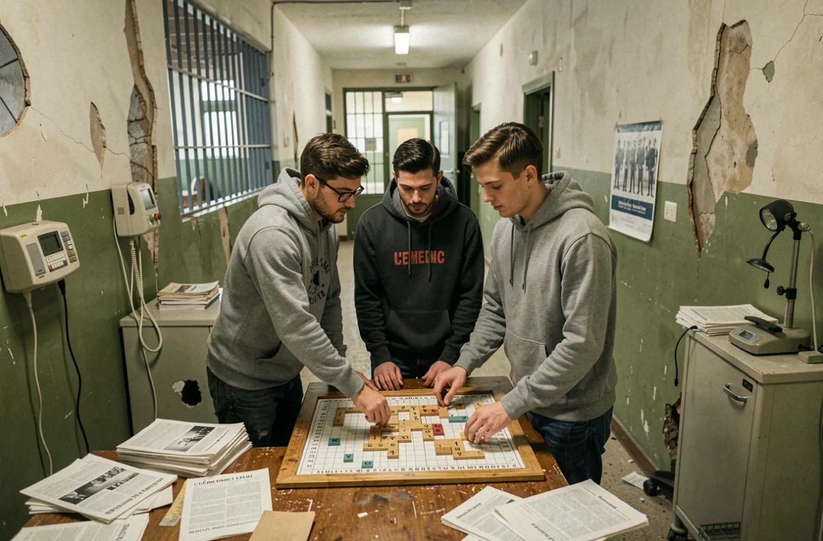 Trois participants résolvant des énigmes dans l'escape room The Grand Asylum TGA Clémenceau à Montpellier, ambiance hôpital psychiatrique abandonné