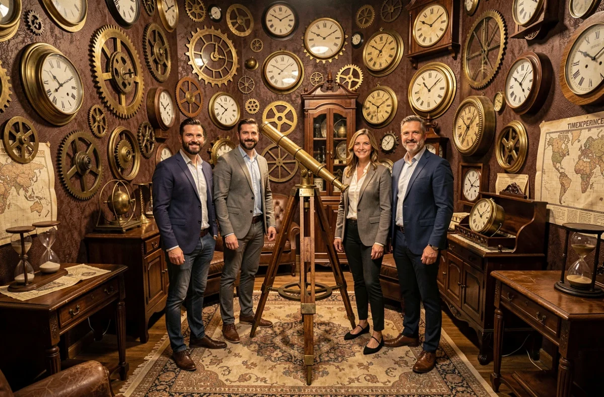 Groupe de joueurs dans la salle steampunk de TimeXperience Montpellier, décor voyage dans le temps avec engrenages et horloges victoriennes