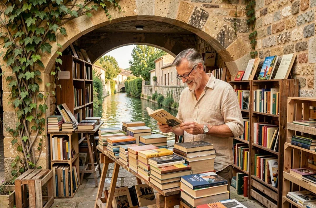 La librairie Le Trouve Tout du Livre au Somail, avec ses livres d'occasion disposés au bord du canal du Midi