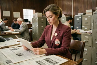 Femme journaliste inspirée du personnage Betty Brant de Spider-Man, assise dans une salle de rédaction rétro des années 60, consultant des documents de presse sur un bureau en bois vintage