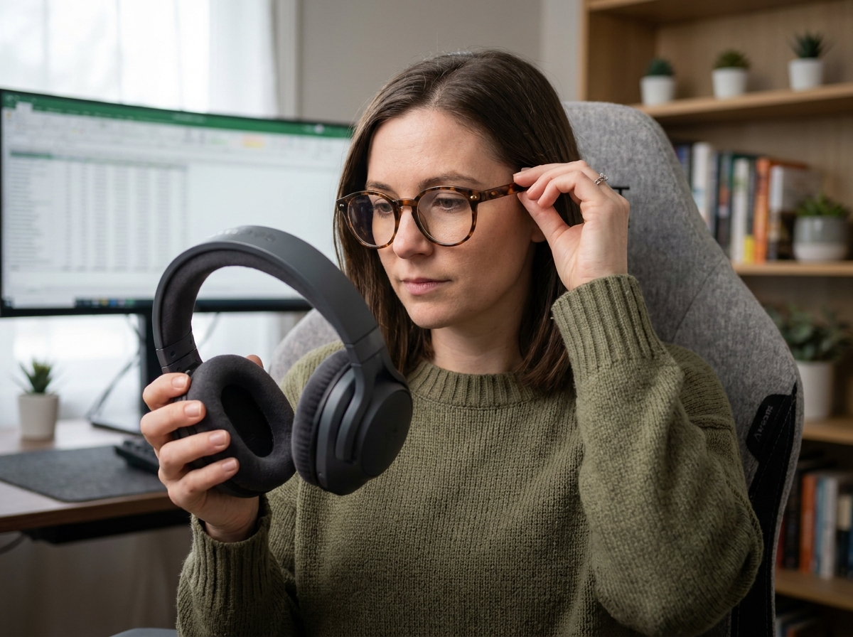 Femme ajustant un casque audio gaming par-dessus ses lunettes à branches plates en acétate, assise dans un fauteuil gaming devant un écran ultrawide
