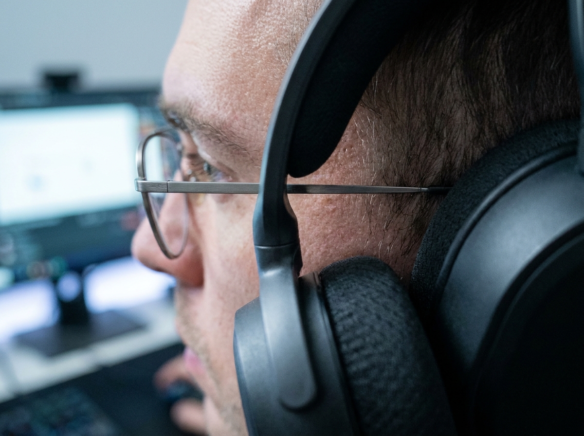Gros plan de profil montrant des lunettes à branches en titane portées sous un casque gaming, illustrant l'absence de pression sur les tempes