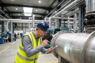 Ingénieur industriel inspectant un échangeur thermique dans une usine française moderne