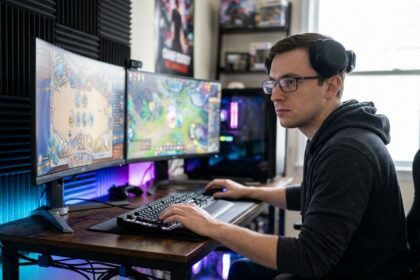 Homme portant des lunettes à fines branches avec un casque audio gaming sans pression sur les montures, assis devant une installation gaming avec double écran