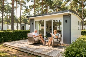 Couple se relaxant sur la terrasse en bois d'un mobil-home moderne dans un camping entouré de pins