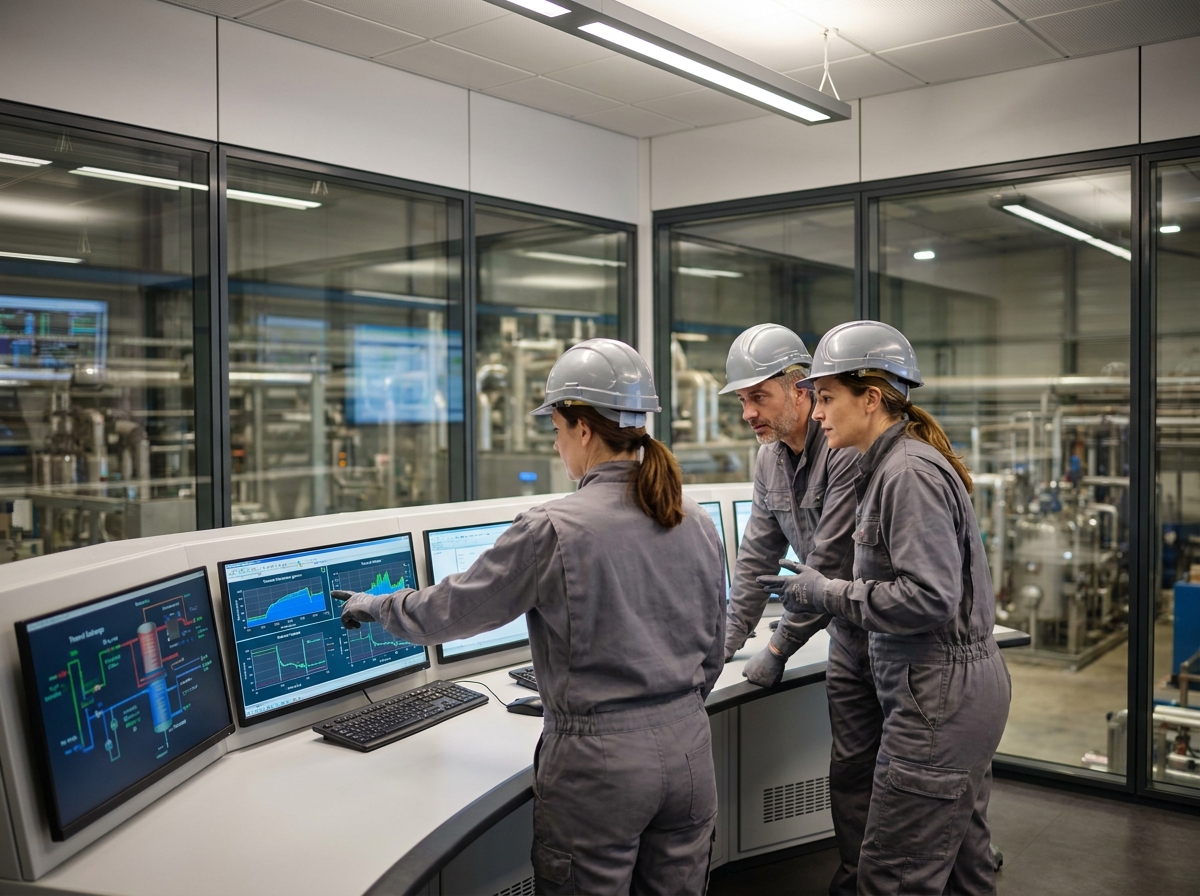 Techniciens industriels surveillant les données d'échange thermique dans une salle de contrôle française